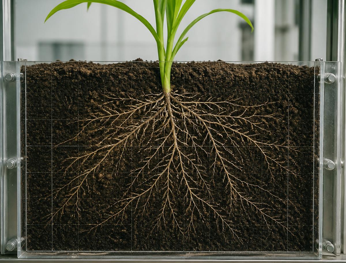 Maize root system observed in a research rhizobox